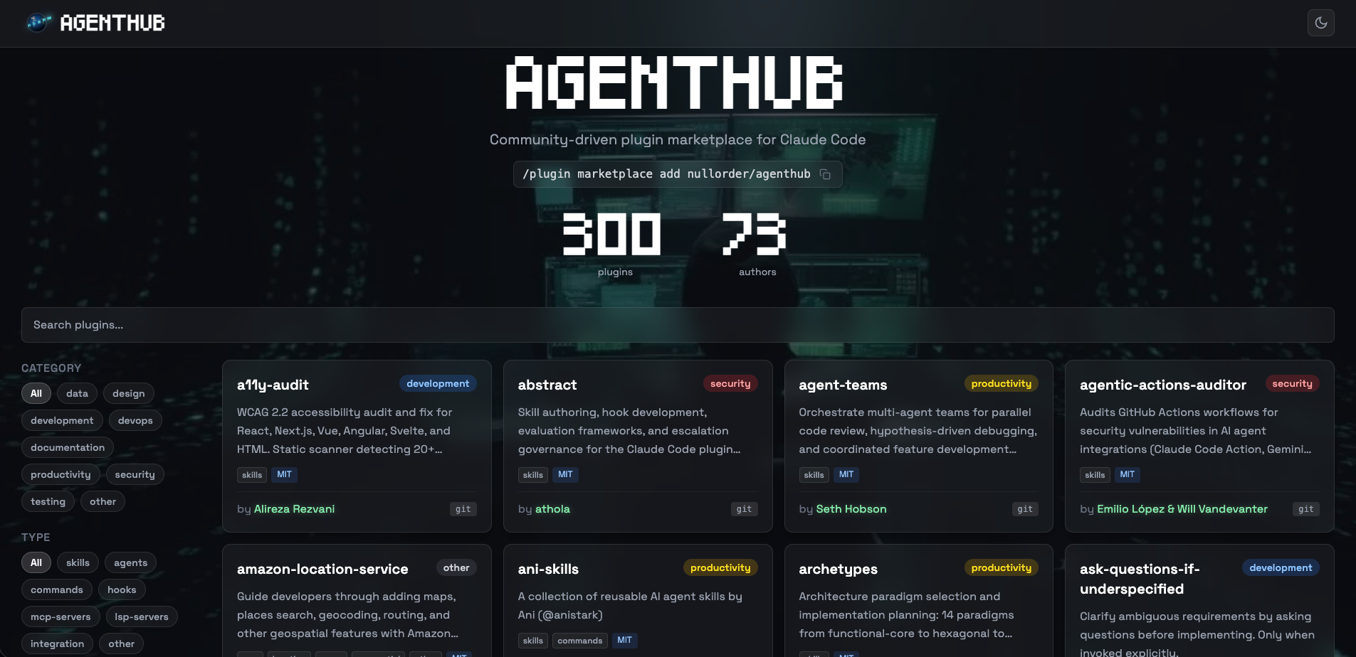 AgentHub homepage showing the plugin grid