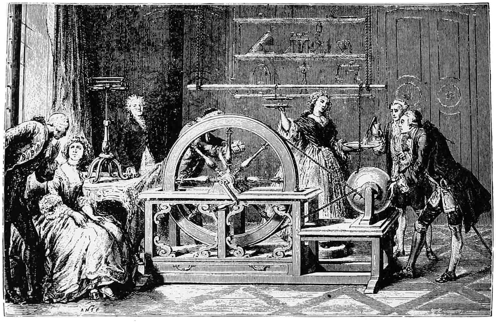 An eighteenth century drawing room where a crowd in powdered wigs watches a hand-cranked electrostatic generator being demonstrated