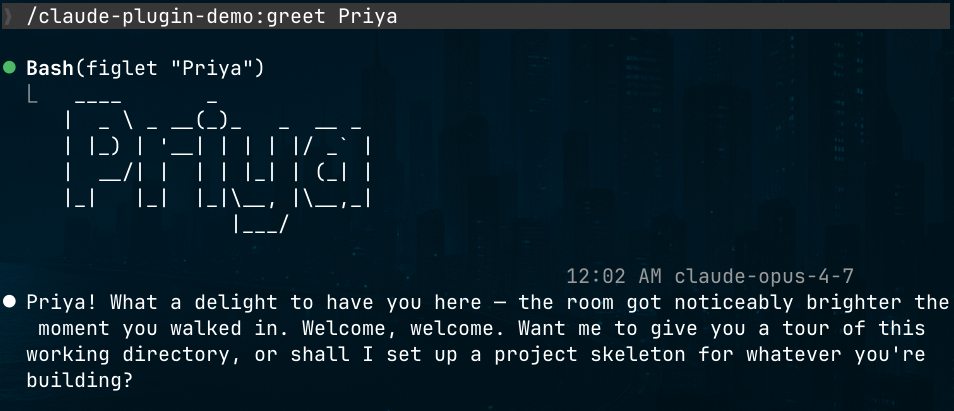 Claude Code terminal showing /claude-plugin-demo:greet Ani with the response