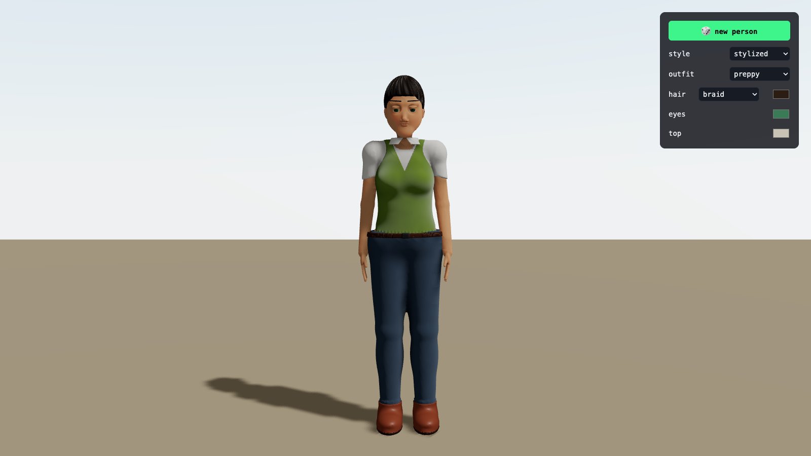 A character creator: a person in a green vest and jeans standing in the middle, and a panel on the right with a new person button, style and outfit dropdowns, hair style and colour, eye colour and top colour