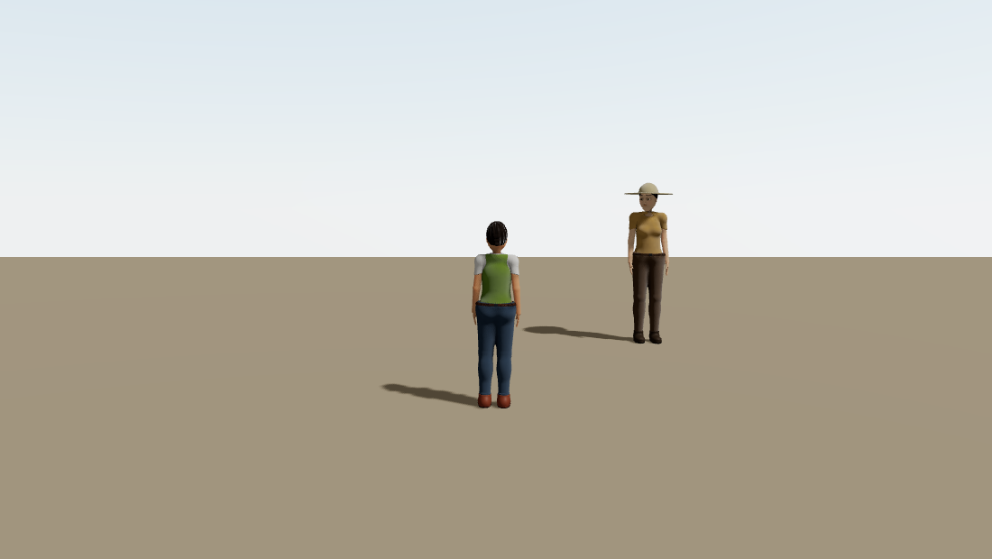 A third-person view from behind the player's avatar in a green vest and jeans, standing on open ground near a person in a straw hat