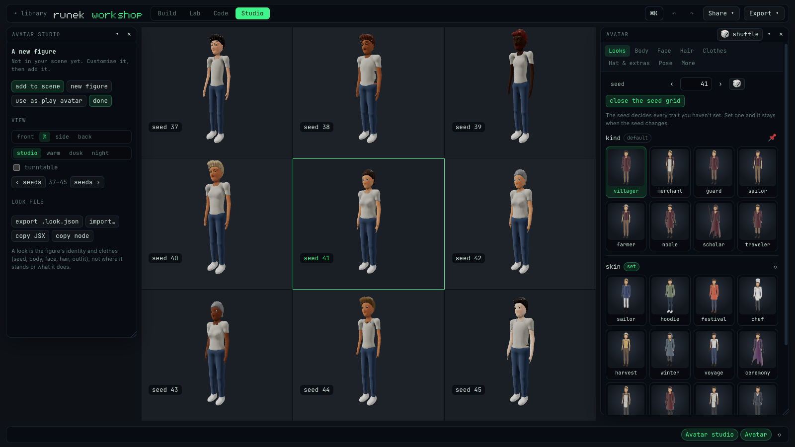 The avatar studio showing a 3 by 3 grid of figures from seed 37 to 45, with seed 41 highlighted