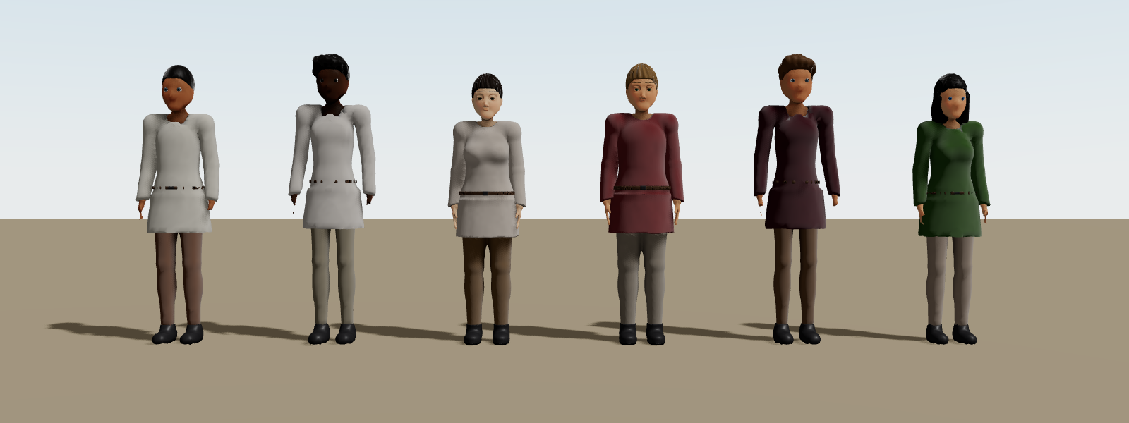 Six people standing in a row, each rolled from a different seed, with different hair, skin tones and tunic colours