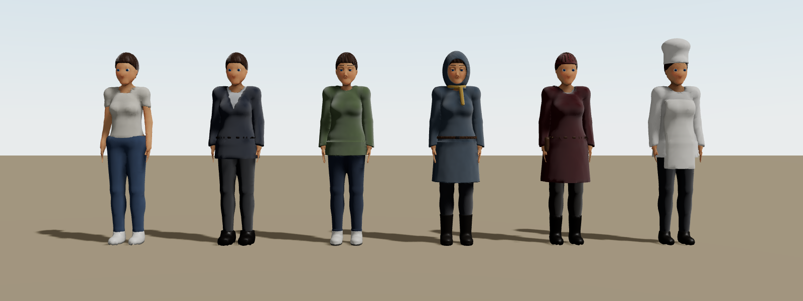The same person six times in different skins: casual, office, hoodie, winter, pirate and chef