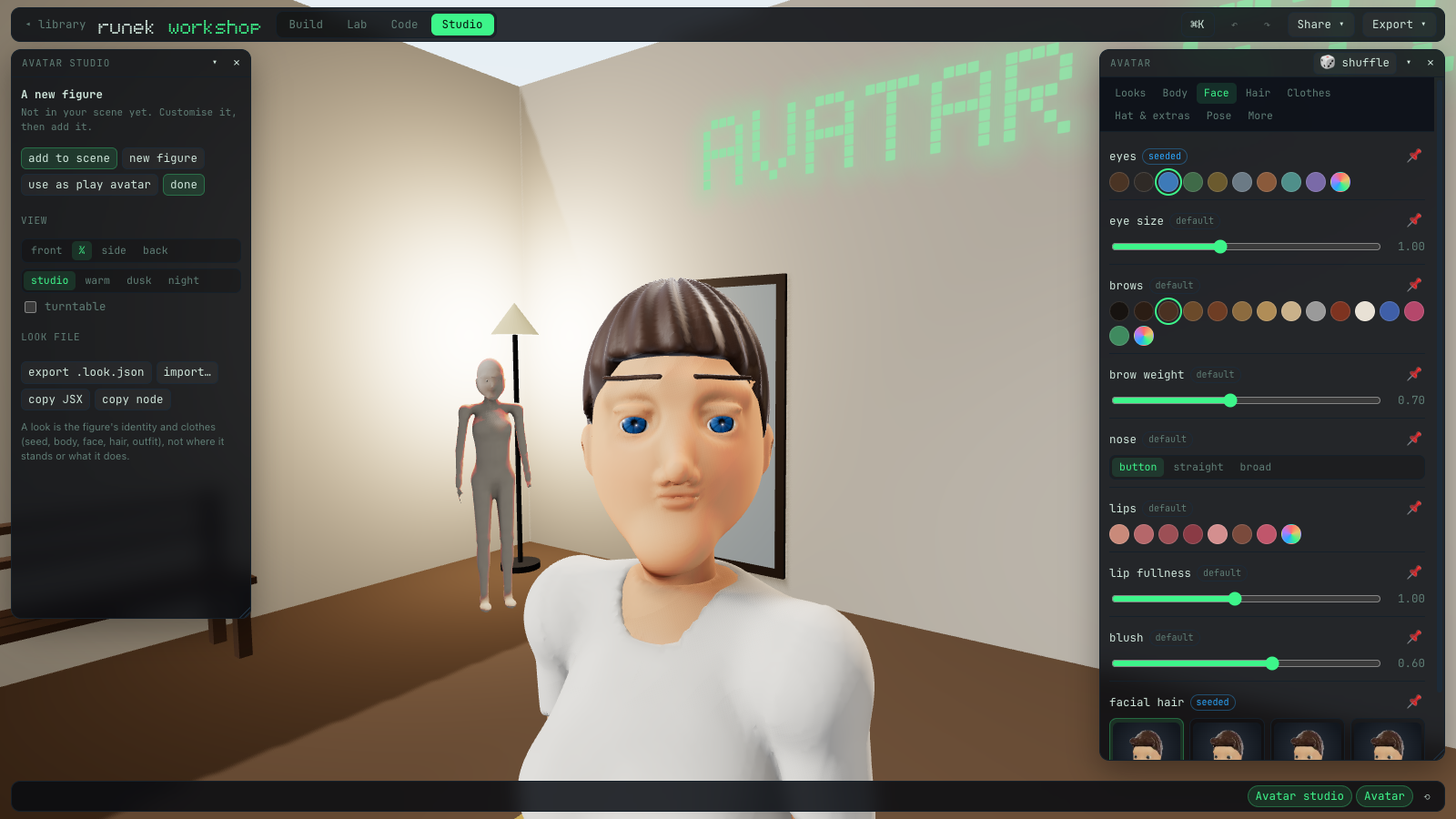 The Face tab of the avatar studio: eye colour swatches marked seeded, an eye size slider, brow swatches, nose choices, lip colours, and blush