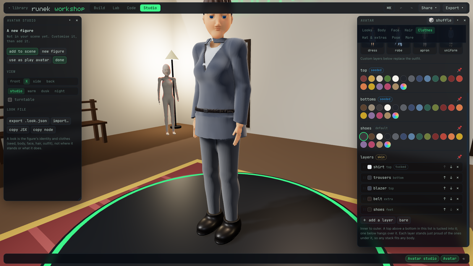 The Clothes tab showing the office skin's layer stack: shirt (tucked), trousers, blazer, belt and shoes