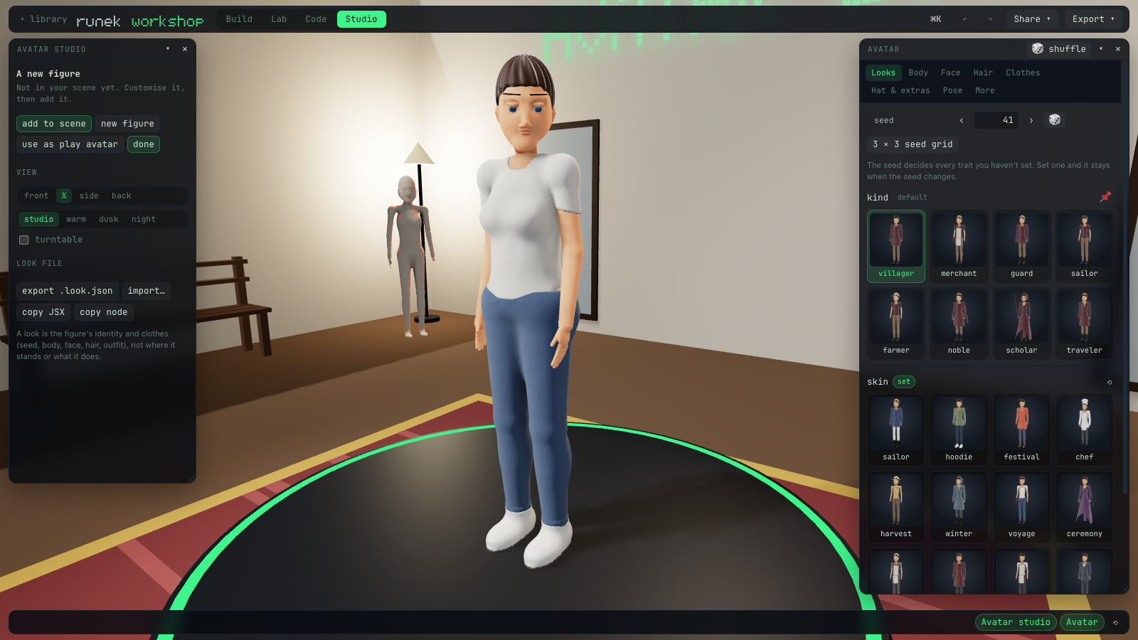 The workshop's avatar studio: a figure on a lit turntable, a studio panel on the left with view and look file options, and an Avatar panel on the right with kind and skin tiles