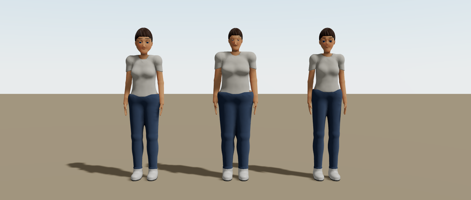 The same person three times, in stylized, realistic and anime proportions