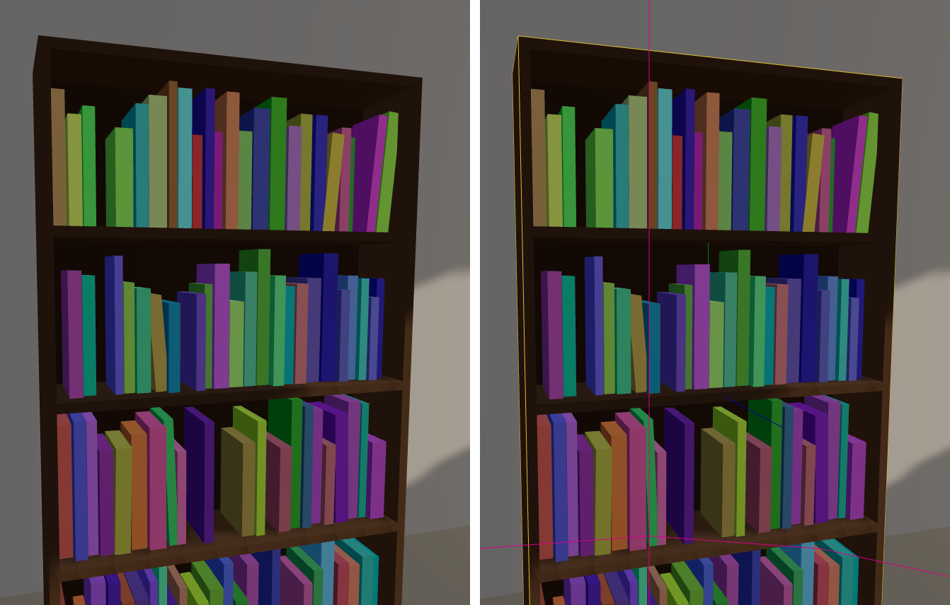 Side-by-side: a rendered bookshelf full of dozens of colorful books, and the same bookshelf with Rapier's debug wireframe showing a single collider box around the whole unit
